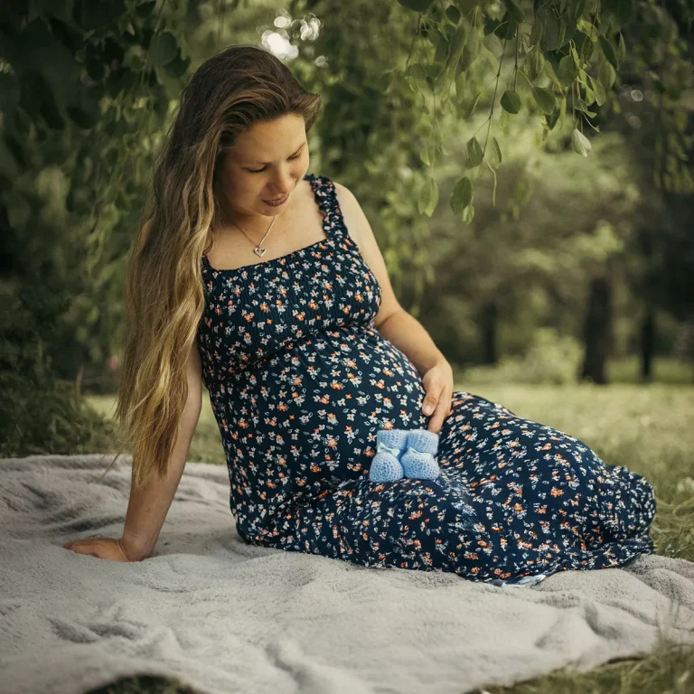 Tehotenské fotenie - tehotná žena v prírode s detskými papučkami